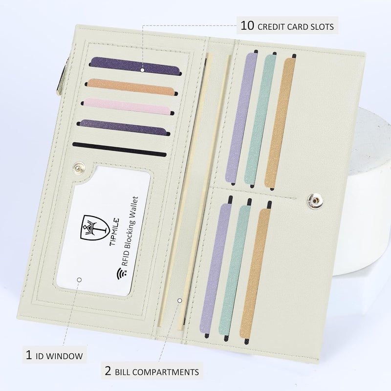 Tipmile Slim Wallet for Women, RFID Blocking Credit Card Holder, Ladies Bifold Wallet with Zipper, Off-White - Image 4